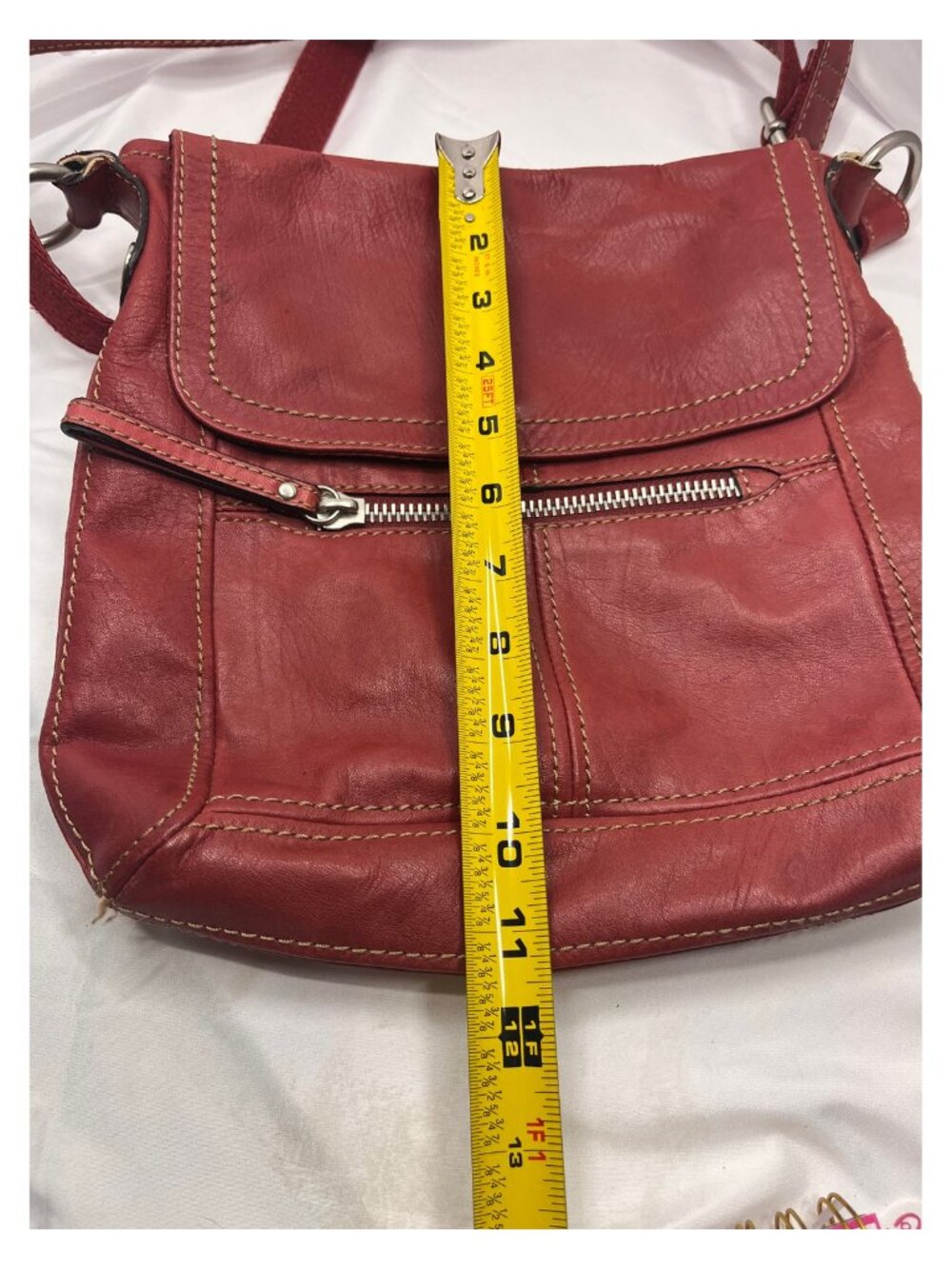 Fossil Red Leather Crossbody Bag Organizer Flap Zip Pockets Adjustable Strap - Picture 8 of 9